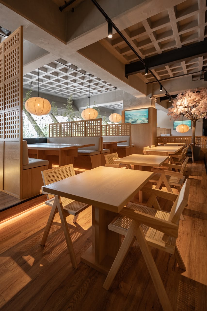Mesas y circulación de restaurante japonés realizado a medida por CarpyMobi